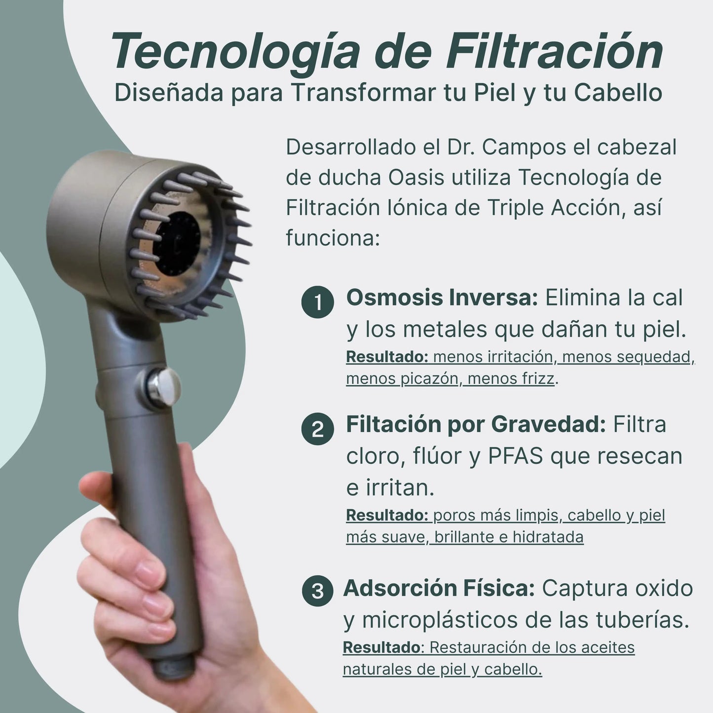 Cabezal de Ducha con Filtración Tri-Action · Elimina cal, cloro y metales pesados del agua