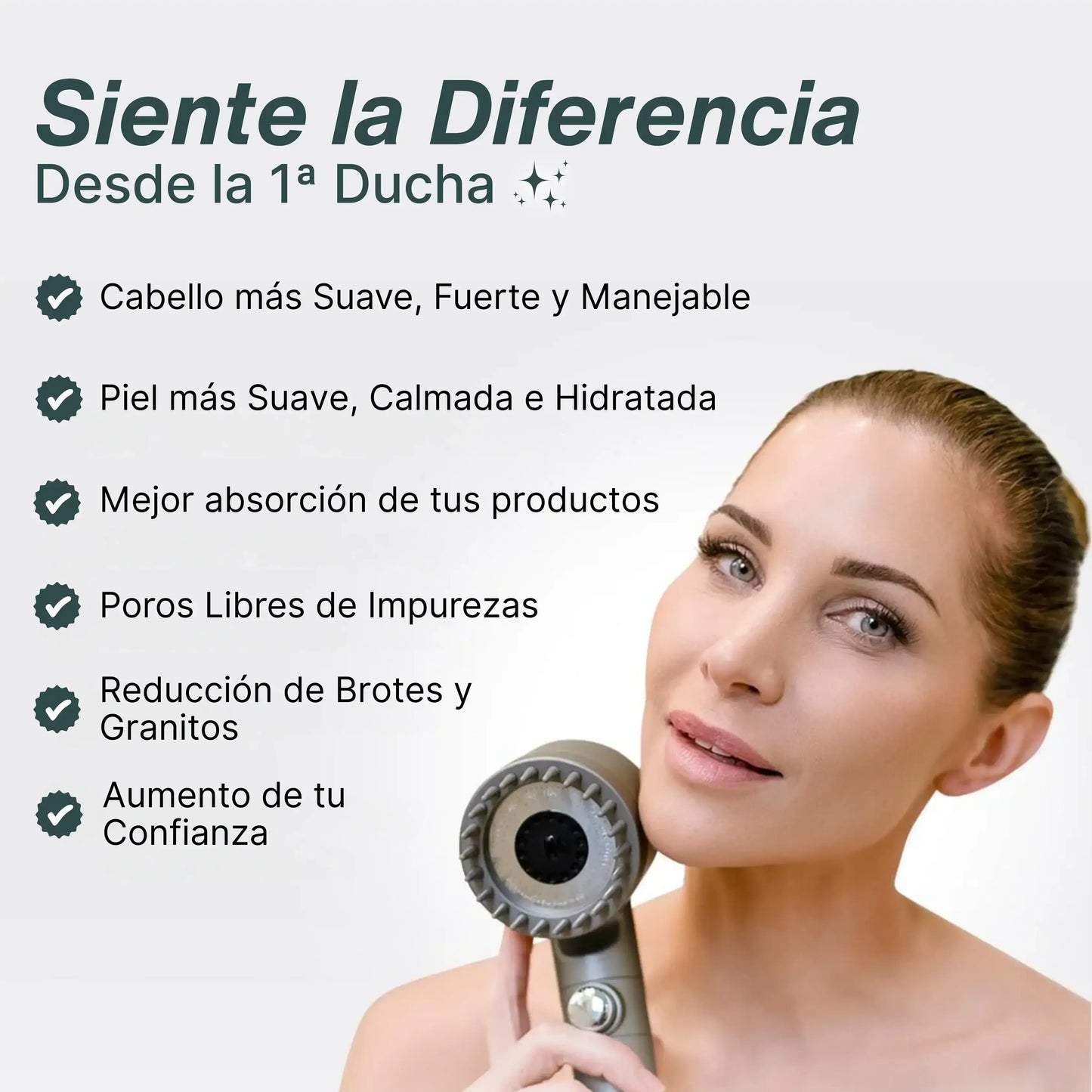 Cabezal de Ducha con Filtración Tri-Action · Elimina cal, cloro y metales pesados del agua